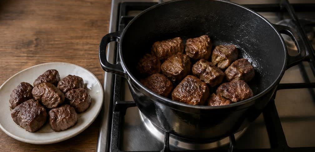Khoresht Bademjan mit Rindfleisch – Zubereitung Schritt für Schritt – Rindfleisch anbraten