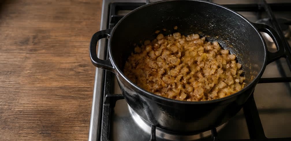 Khoresht Bademjan mit Rindfleisch – Zubereitung Schritt für Schritt – Zwiebeln und Gewürze dünsten