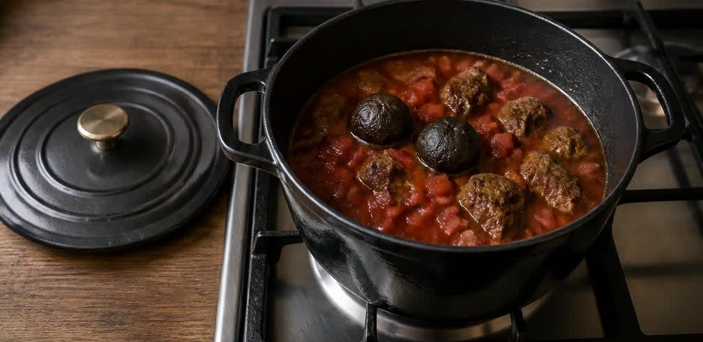 Khoresht Bademjan mit Rindfleisch – Zubereitung Schritt für Schritt – Schmoreintopf aufsetzen