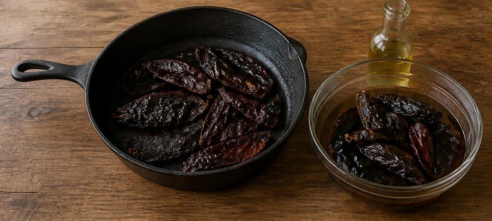 Mole Poblano mit Hähnchenschenkeln und frisch gerösteten Chilis – Zubereitung Schritt für Schritt – Chilis rösten und einweichen
