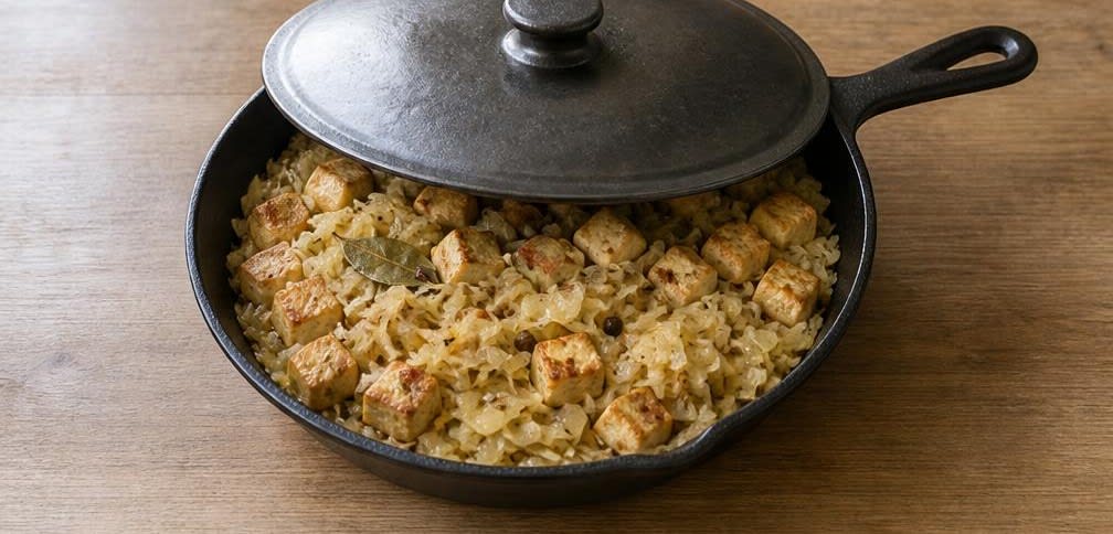 Herzhafte Tofu-Sauerkraut-Pfanne mit Kümmelkartoffeln – Zubereitung Schritt für Schritt – Sauerkraut und Tofu köcheln