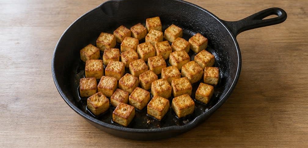 Herzhafte Tofu-Sauerkraut-Pfanne mit Kümmelkartoffeln – Zubereitung Schritt für Schritt – Tofu anbraten