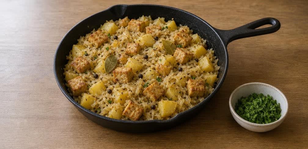 Herzhafte Tofu-Sauerkraut-Pfanne mit Kümmelkartoffeln – Zubereitung Schritt für Schritt – Kartoffeln untermischen und abschmecken