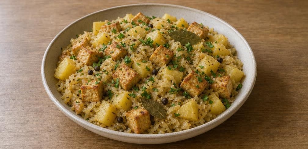 Herzhafte Tofu-Sauerkraut-Pfanne mit Kümmelkartoffeln – Zubereitung Schritt für Schritt – Anrichten