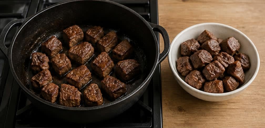 Zarte Rinderoberschale auf Schmor-Sauerkraut mit Kartoffeln – Zubereitung Schritt für Schritt – Fleisch anbraten