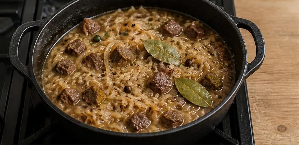 Zarte Rinderoberschale auf Schmor-Sauerkraut mit Kartoffeln – Zubereitung Schritt für Schritt – Ablöschen und Schmoren vorbereiten