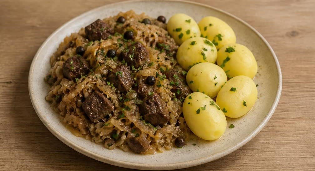 Zarte Rinderoberschale auf Schmor-Sauerkraut mit Kartoffeln – Zubereitung Schritt für Schritt – Anrichten