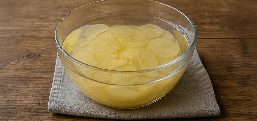 Knusprige selbstgemachte Kartoffelchips – Zubereitung Schritt für Schritt – Kartoffelscheiben wässern