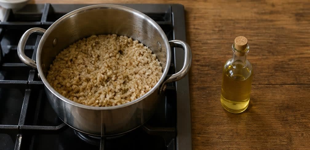 Knusprige Arancini aus unpoliertem Vollkornreis mit Mozzarella – Zubereitung Schritt für Schritt – Reis anbraten