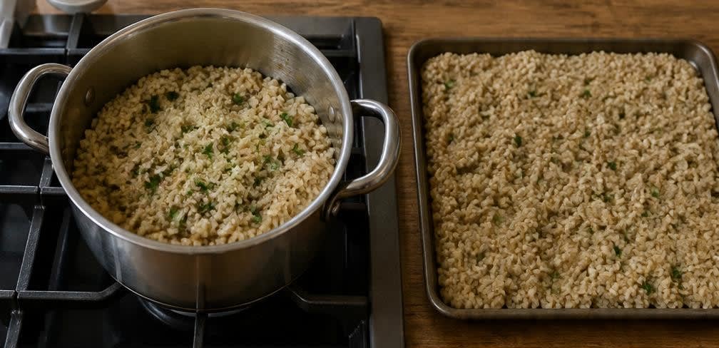 Knusprige Arancini aus unpoliertem Vollkornreis mit Mozzarella – Zubereitung Schritt für Schritt – Reismasse abkühlen