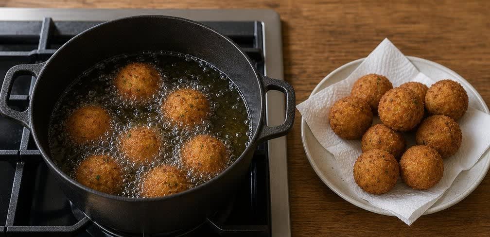 Knusprige Arancini aus unpoliertem Vollkornreis mit Mozzarella – Zubereitung Schritt für Schritt – Arancini frittieren