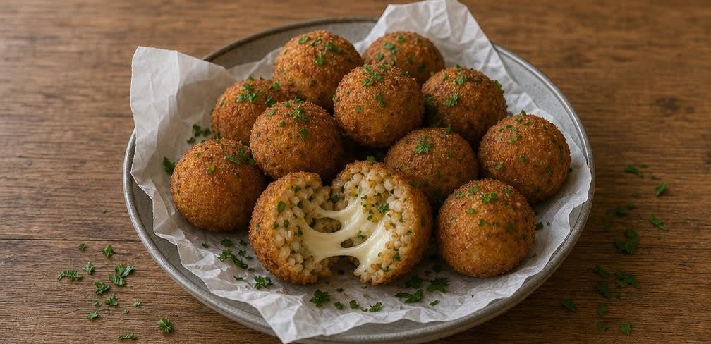 Knusprige Arancini aus unpoliertem Vollkornreis mit Mozzarella – Zubereitung Schritt für Schritt – Anrichten