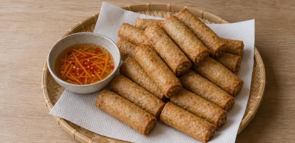 Knusprige vietnamesische Frühlingsrollen (Nem Rán) – Zubereitung Schritt für Schritt – Anrichten