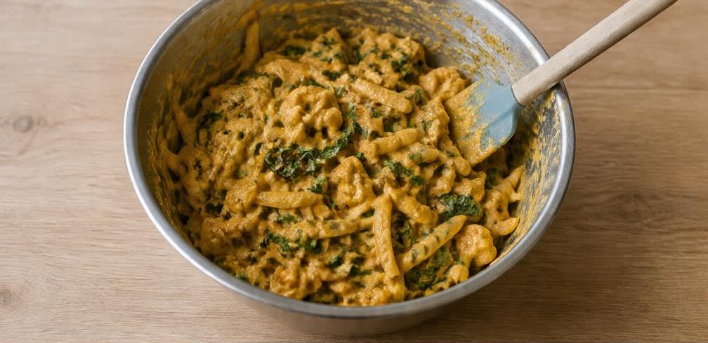 Knusprige Gemüse-Pakoras mit frisch gemahlenen Gewürzen – Zubereitung Schritt für Schritt – Gemüse-Teig-Mischung mischen
