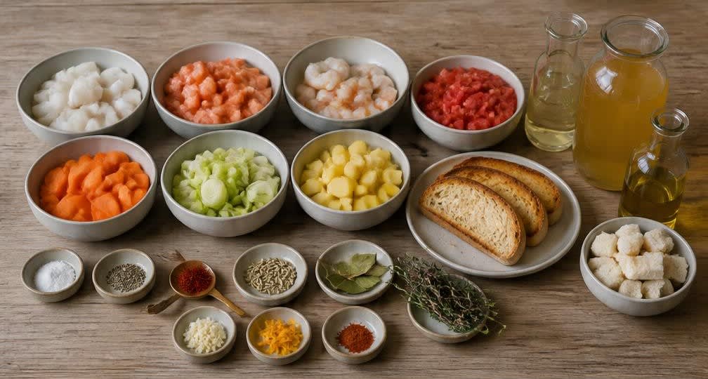 Südfranzösische Bouillabaisse mit cremig-emulgierter Rouille – Zutaten bereitstellen