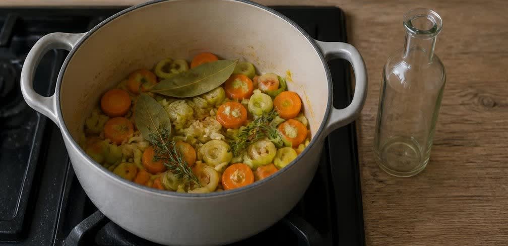 Südfranzösische Bouillabaisse mit cremig-emulgierter Rouille – Zubereitung Schritt für Schritt – Gemüse anbraten