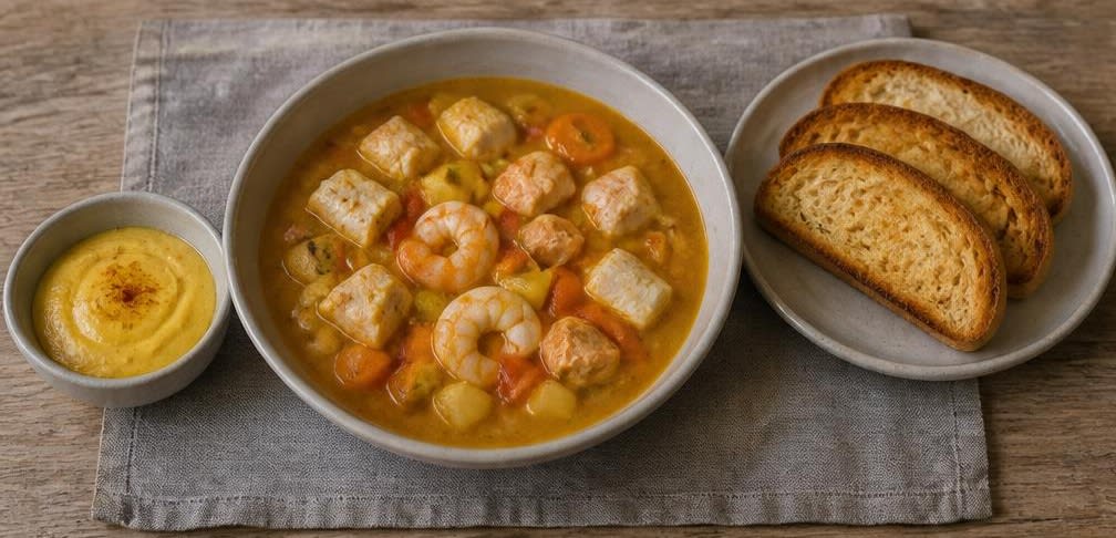 Südfranzösische Bouillabaisse mit cremig-emulgierter Rouille – Zubereitung Schritt für Schritt – Bouillabaisse anrichten