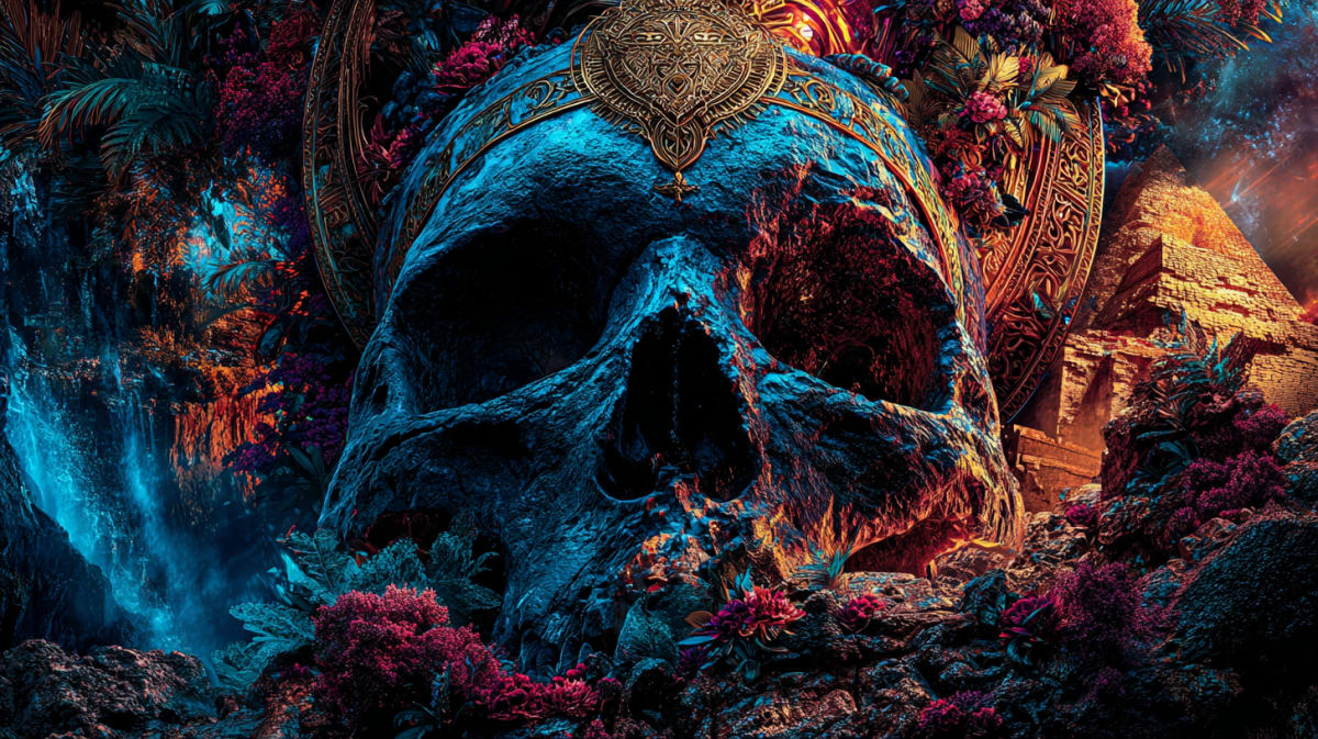 Ornate Aztec skull in mystical surrealism — the ritual of an ending and rebirth in the Universal Language of Mind
