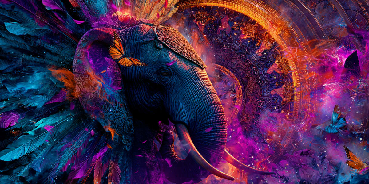 Elephant head and trunk in profile with indigo and blue patterned skin under a radiating violet, magenta and orange mandala with small butterflies - elephant in dreams meaning