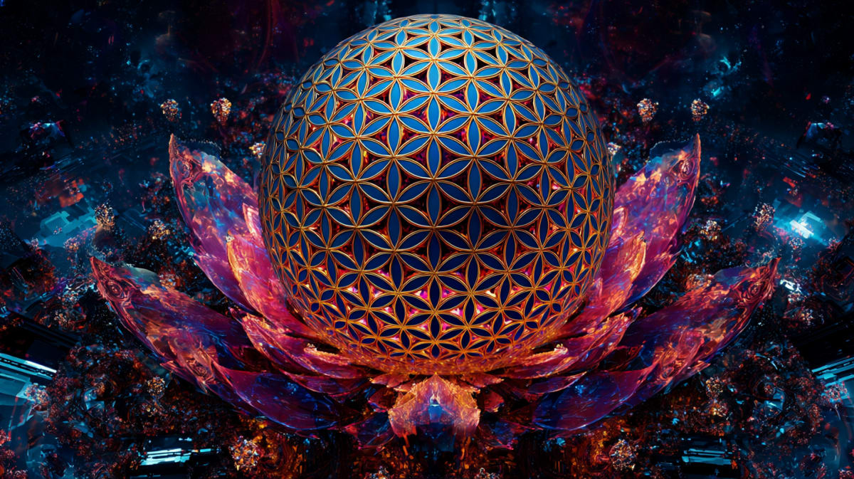 A glowing sphere with a gold Flower of Life lattice over deep blue, resting on a magenta and violet lotus in a dark starry field - universe in dreams meaning