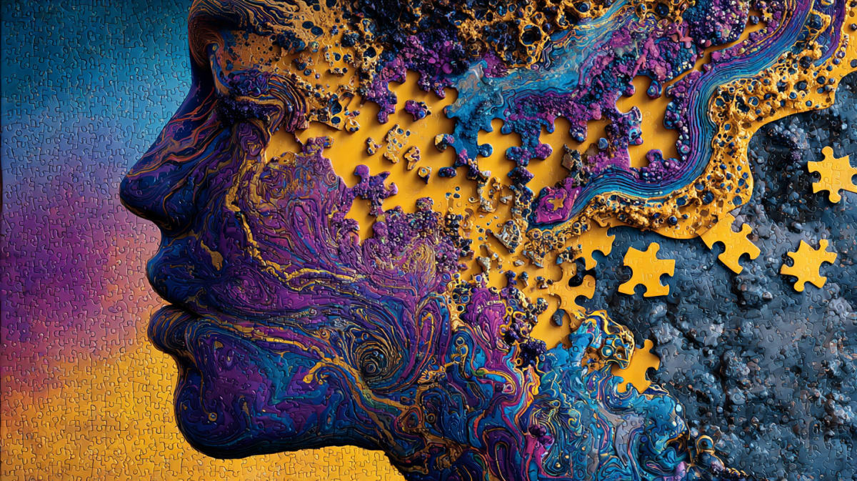 Un rostro de perfil armado con piezas de rompecabezas jaspeadas en índigo, violeta y dorado sobre un tablero dorado, con varias piezas sueltas y huecos oscuros - significado del rompecabezas en los sueños