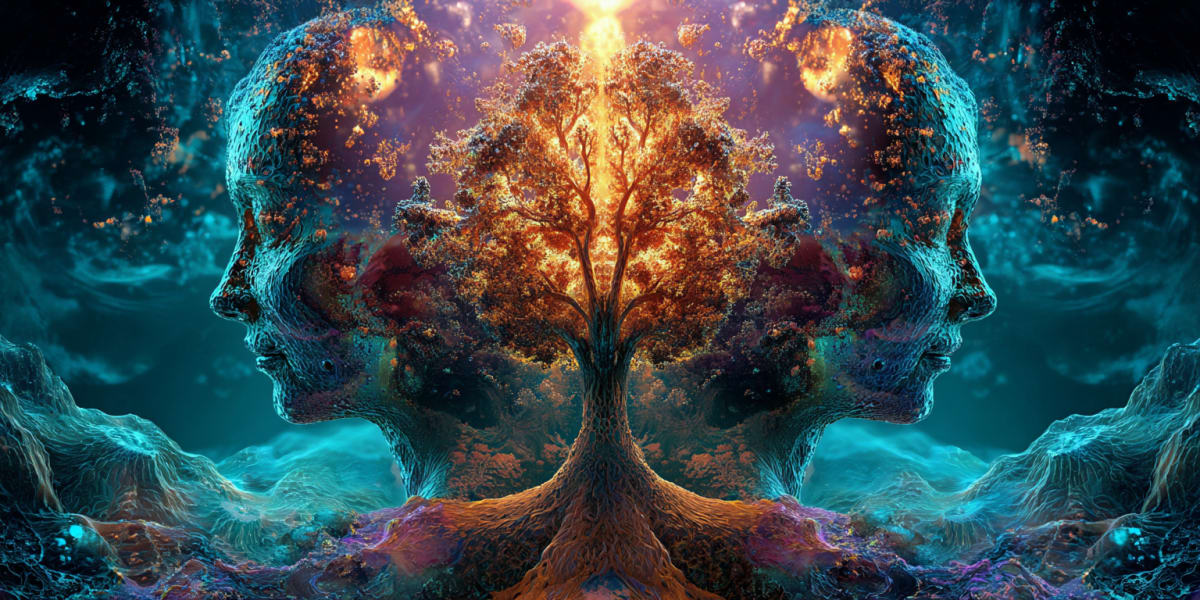 Un arbre lumineux qui pousse entre deux profils humains en miroir, une pensée qui prend racine et se ramifie jusqu'à prendre forme