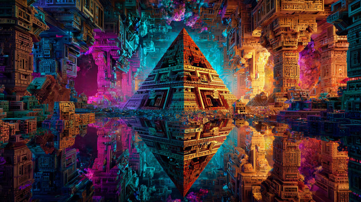 A luminous teal-and-gold pyramid inside a temple complex of magenta, orange and violet carved columns, mirrored upside down in still water - pyramid in dreams meaning