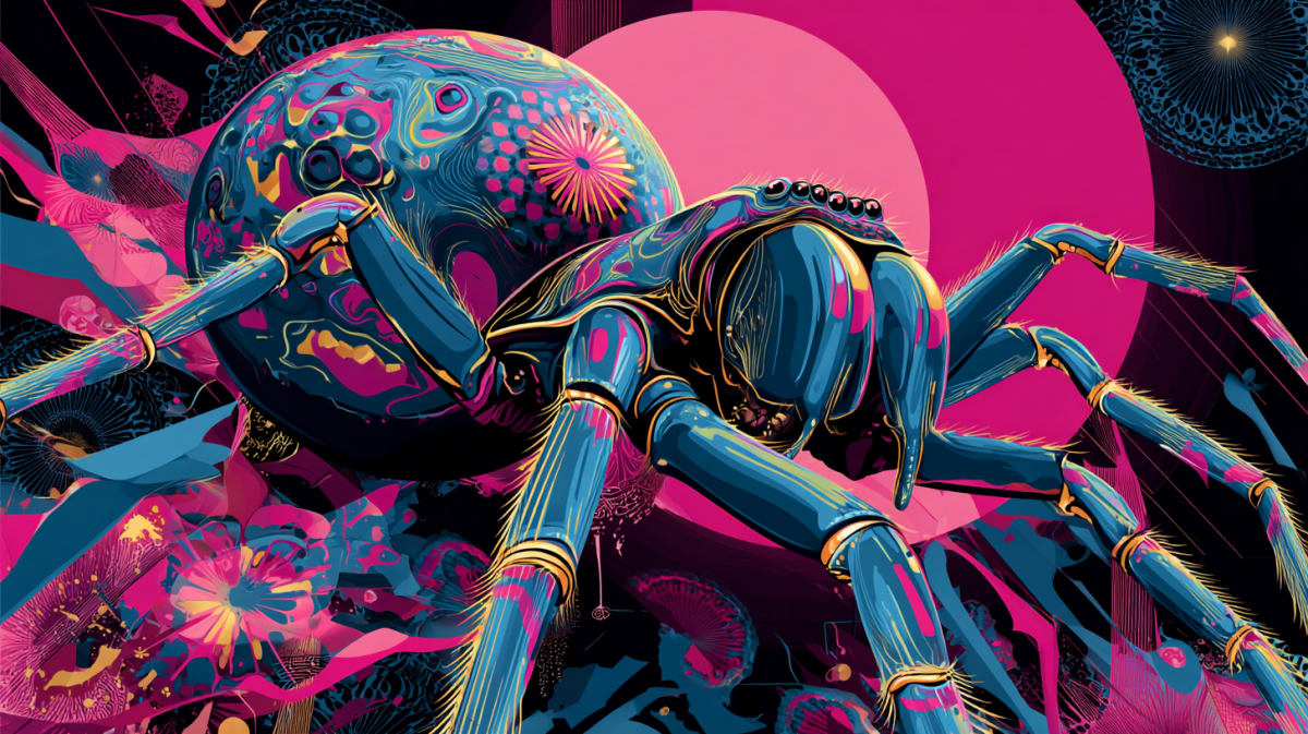Araignee surrealiste neon vibrante dans une toile cosmique, symbole d une petite habitude mentale dans le Langage Universel de l Esprit