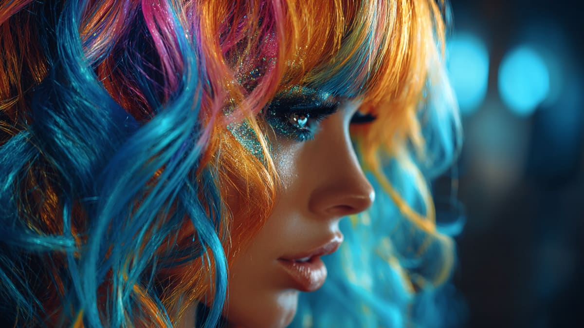Flowing hair shifting through luminous colors in a mystical hyper-surrealist dreamscape