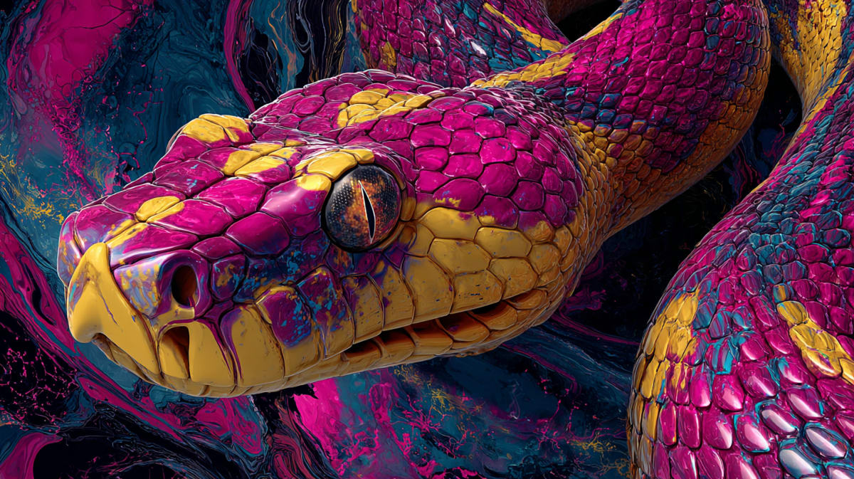 De nombreux serpents lumineux s'entrelacent dans un vaste paysage onirique mystique, symbole du pouvoir créateur multiplié du Universal Language of Mind.