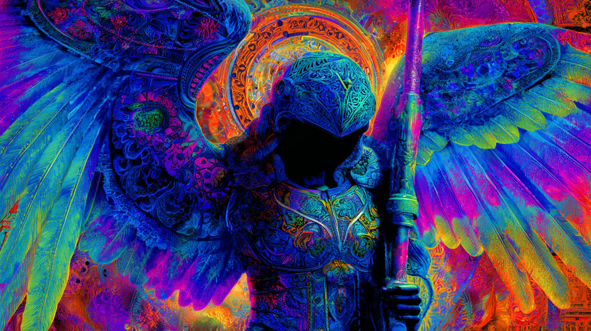 Mystical hyper-surrealist depiction of an angel — a luminous winged figure of pure light representing a thought form from the superconscious mind in a dream