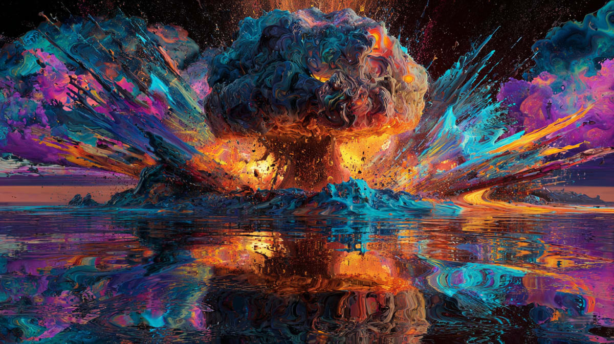 Mystical hyper-surreal bomb explosion expanding outward in cosmic neon palette — symbol of rapid consciousness expansion in dream interpretation