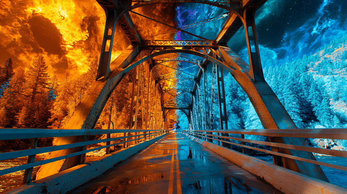 A road running straight across a bridge, fire on one side and ice on the other, pointing the way ahead