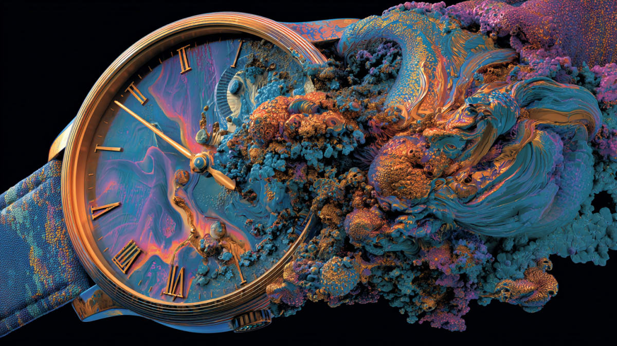 A golden watch face dissolving into blooming coral forms, time losing its edges at the boundary of the fourth dimension