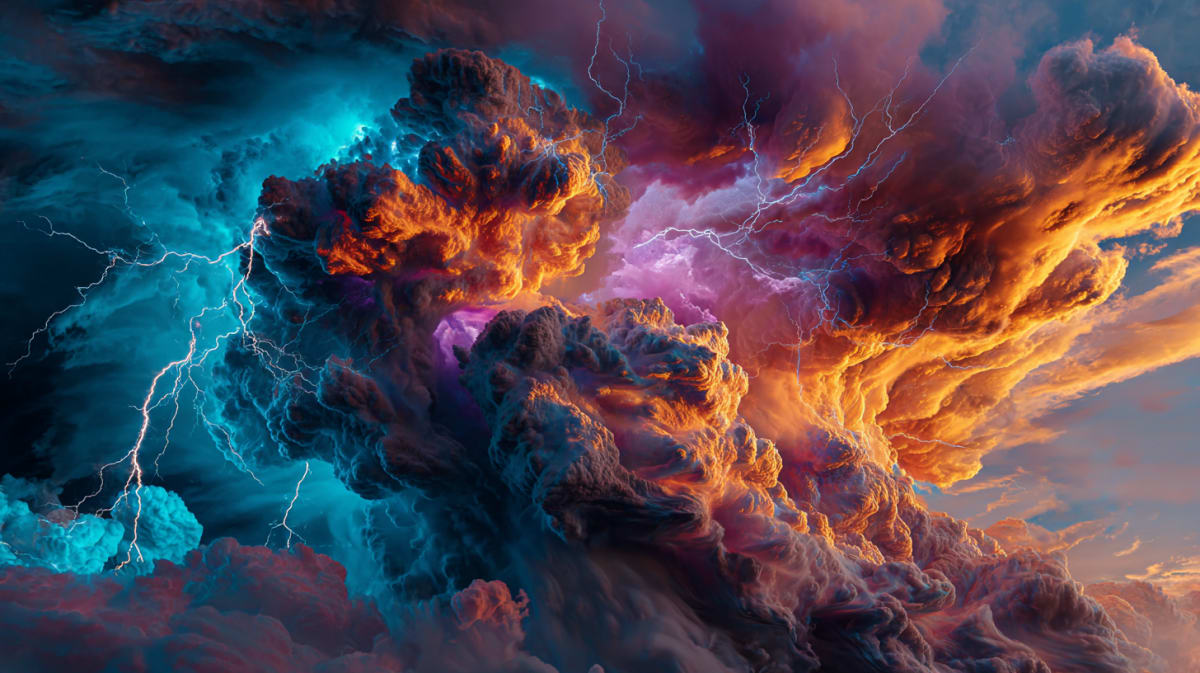 Representação surrealista mística de uma tempestade turbulenta — céu preto, vento, chuva, relâmpagos — simbolizando turbulência interna convergente na Linguagem Universal da Mente