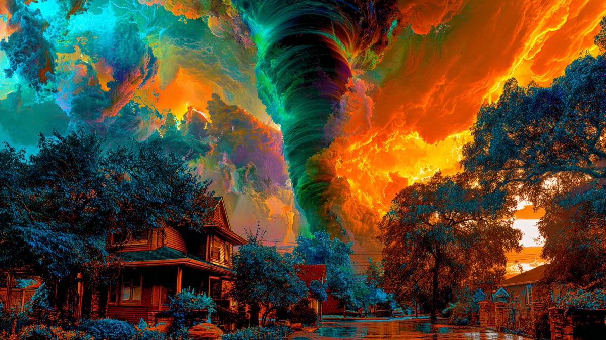 Ilustración mística surrealista de un imponente embudo de tornado barriendo un paisaje onírico bajo un cielo negro, representando la turbulencia interior y un vórtice de pensamientos que se auto-limpia
