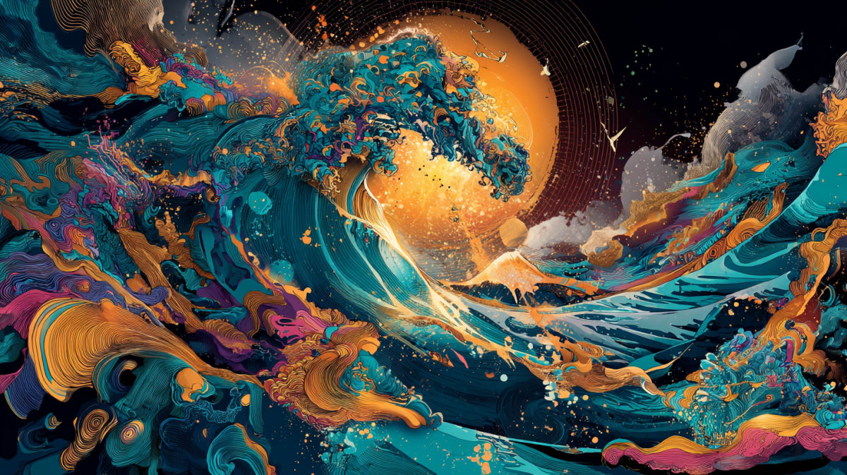 Una ola de tsunami surrealista elevándose en el horizonte en estilo hiper-surrealista místico — simbolizando una acumulación de experiencia consciente sin procesar que llega a la orilla de la conciencia.