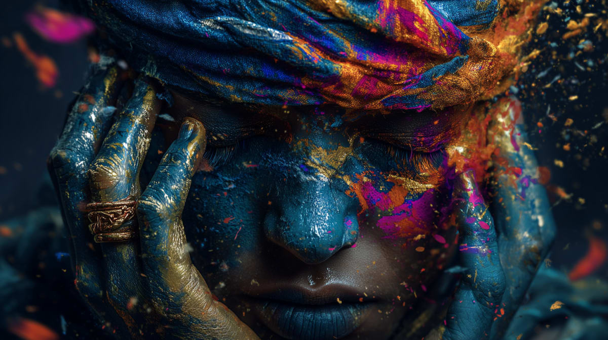 Un visage aux yeux couverts d'un tissu peint aux couleurs vives, les mains plaquées sur le visage, la peau éclaboussée de peinture bleue, dorée et magenta - signification d'être aveugle dans les rêves