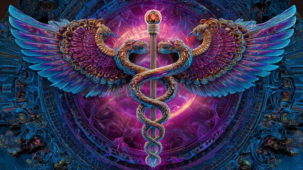 Winged caduceus with twin serpents activated�symbol of kundalini creative power in the Universal Language of Mind