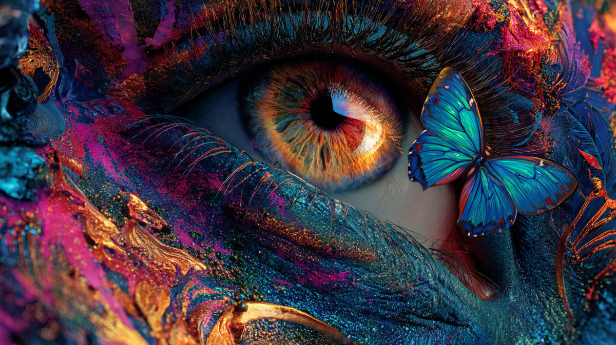 A wide amber eye beside a turquoise butterfly, a face streaked with colour as if caught in the middle of changing