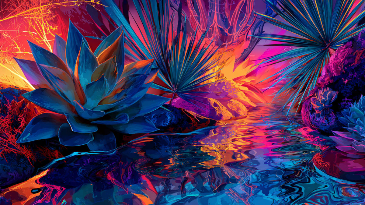 A dense surrealist garden of vivid overgrown plants reflected in still water, representing the thousands of competing seed thoughts growing in the subconscious mind in the Universal Language of Mind