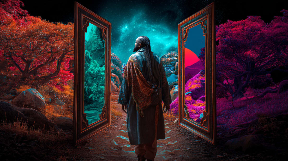 A figure walking between two mirrored doorways into a starlit dreamscape, the threshold between sleeping and waking