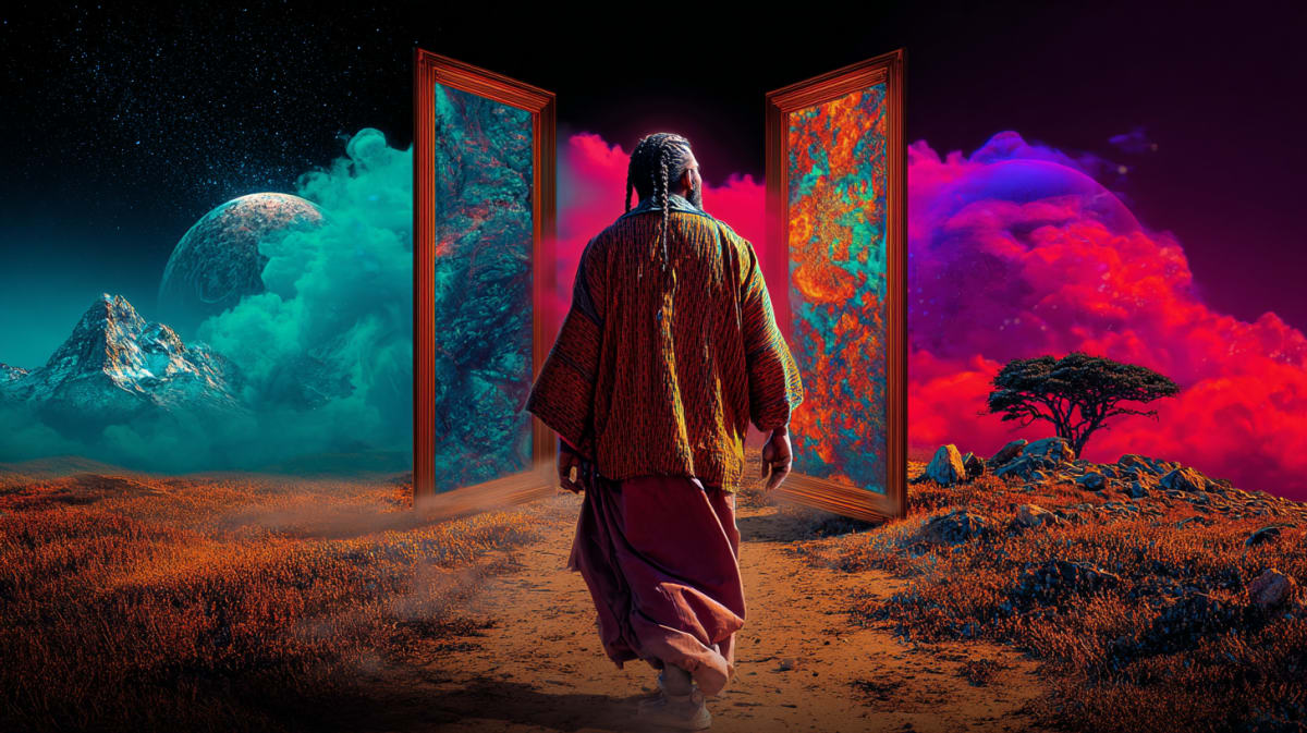 A robed figure walking toward two standing doorways in a vivid surreal landscape under a giant planet - door in dreams