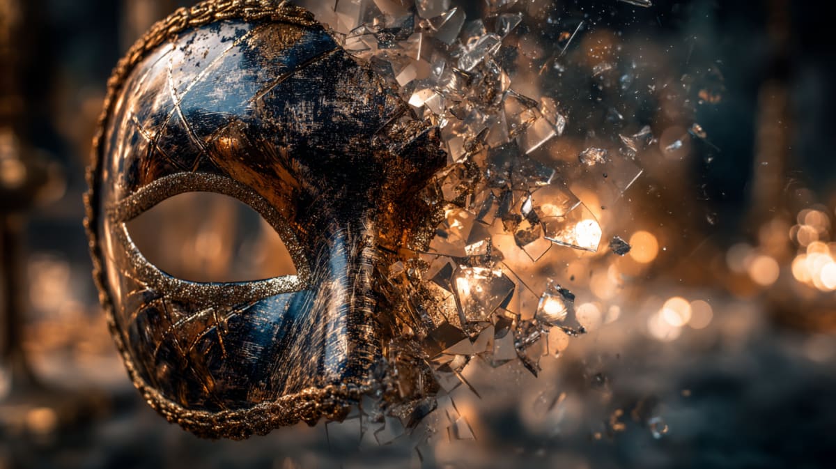 Ornate gold-trimmed dark carnival mask shattering into glass shards on one side against warm bokeh lights - mask in dreams meaning