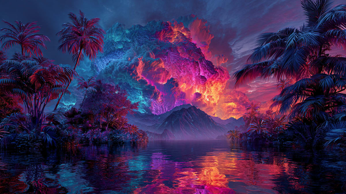 Un volcán en erupción en violeta y naranja sobre un lago quieto y palmeras, la erupción como expansión de consciencia en el Lenguaje Universal de la Mente