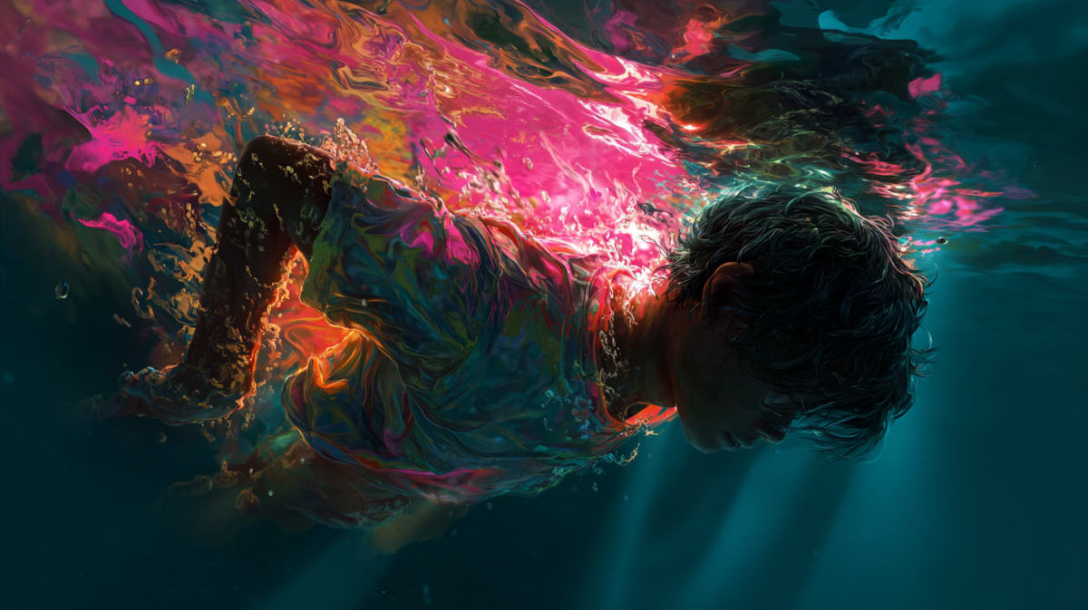A figure submerged beneath a lit water surface in pink and blue, drowning as overwhelm by conscious life experiences in the Universal Language of Mind