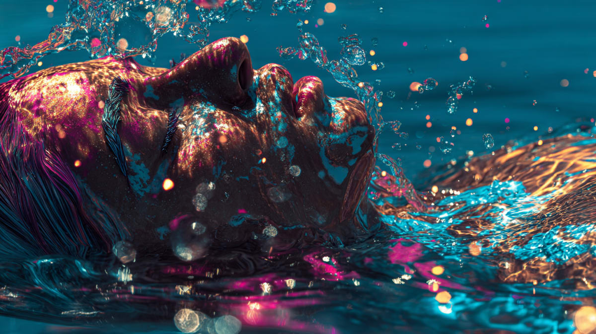 A face breaking the surface of luminous water, caught at the moment of immersion, in the mystical surrealist style of the CHITTA dream symbol library