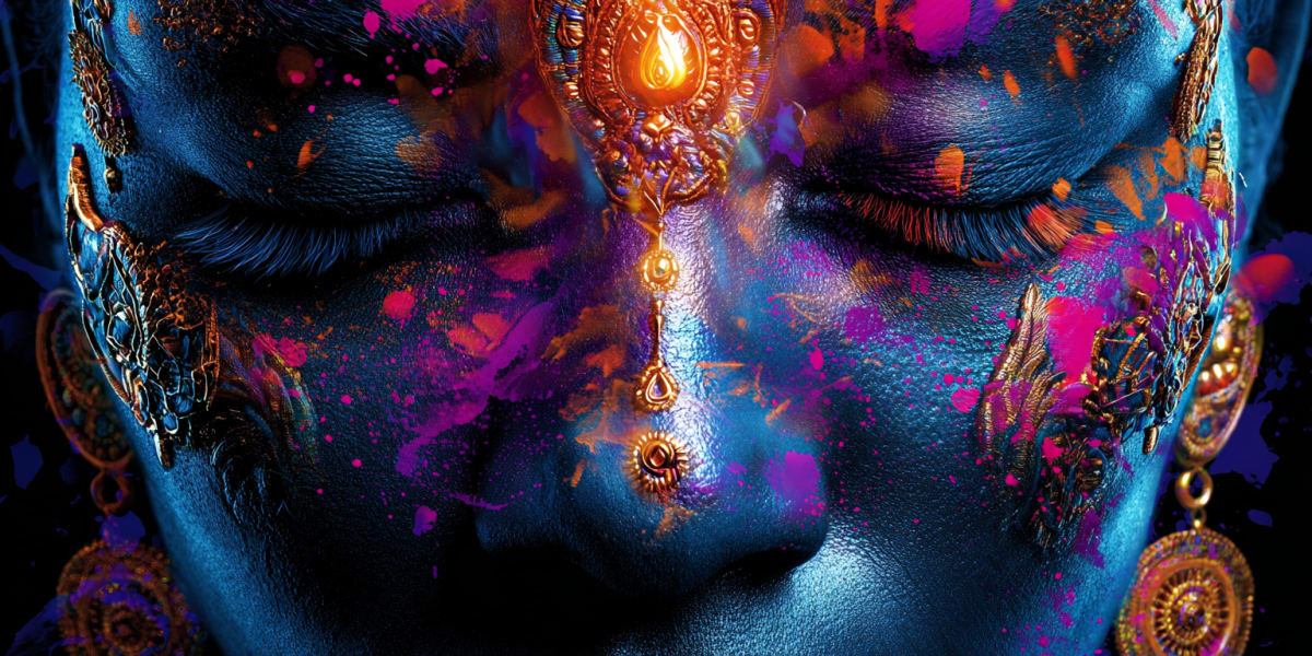 Two faces merged as one beneath ornate gold bridal adornment, eyes closed - an unmet aspect of the self at the altar