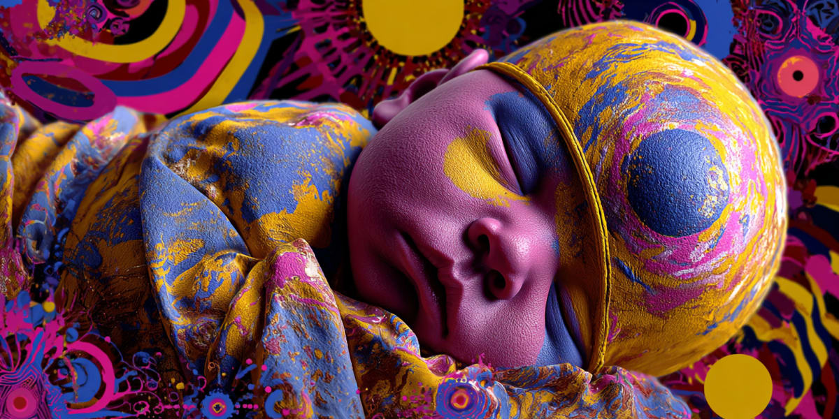Um bebê adormecido encolhido dentro de uma mandala luminosa, arte hiper-surrealista mística: a nova ideia gestando em você, lida pelo Universal Language of Mind de Tarak Uday para a CHITTA.