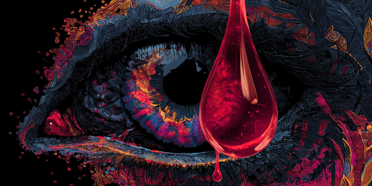Close de um olho com uma grande gota de sangue brilhante escorrendo sobre ele como uma lágrima, com textura detalhada de tinta e pintura - significado de ferimento em sonhos